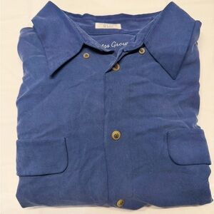 Men's Casual Button-Down Shirt in Deep Blue - Collar Front Pockets 100% Silk